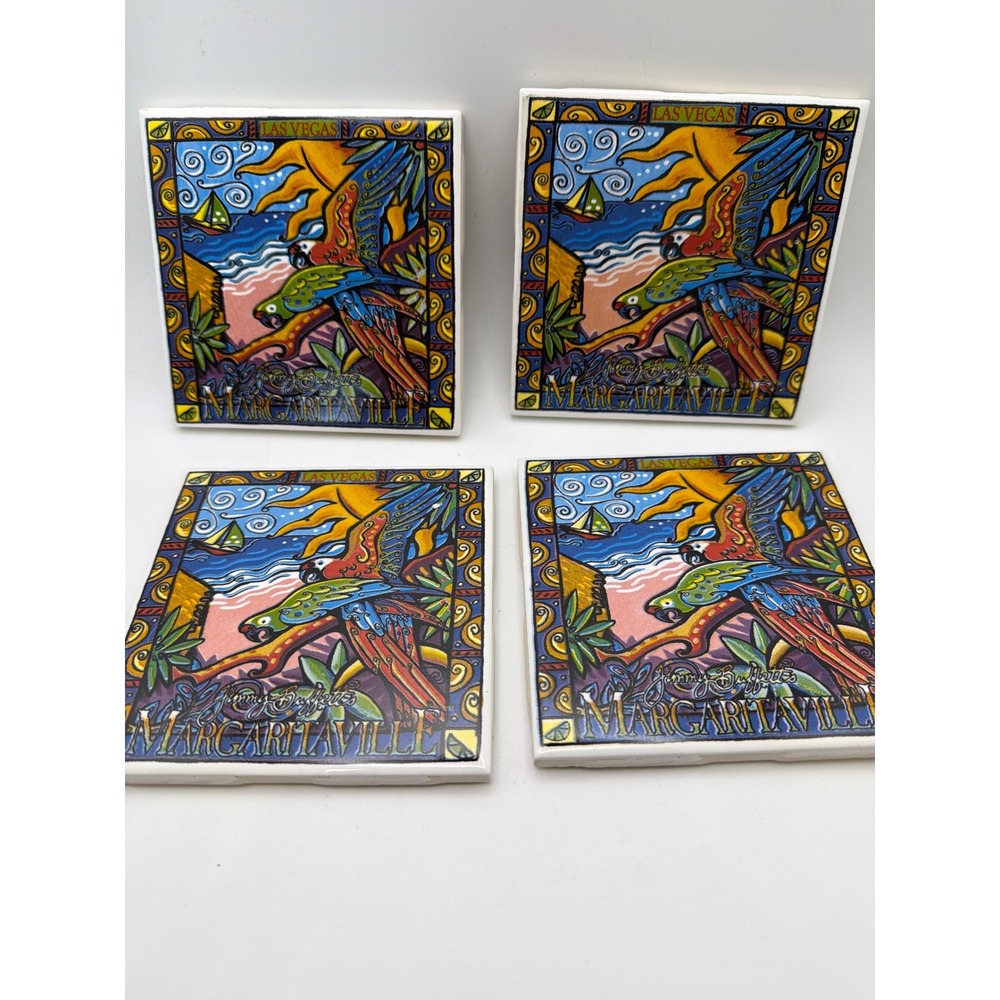 Jimmy Buffett Margaritaville Las Vegas Ceramic Tile Coasters Set of 4 Parrot 4in